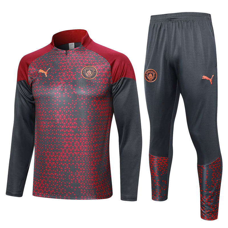 Kit de Treino Manchester City 2023/24 Meio Zíper Vermelho e Cinza