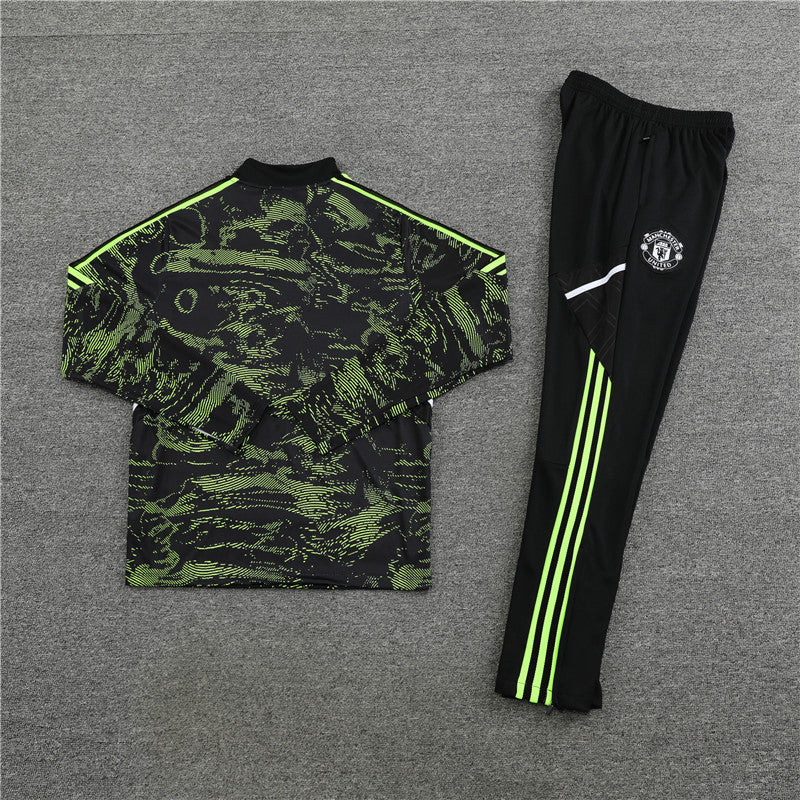 Kit de Treino Manchester United Estilo Camuflado 2022/23 Meio Zíper Verde e Preto