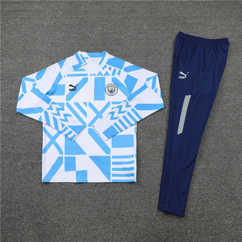 Kit de Treino Manchester City Estilo Camuflado 2022/23 Meio Zíper Azul e Branco