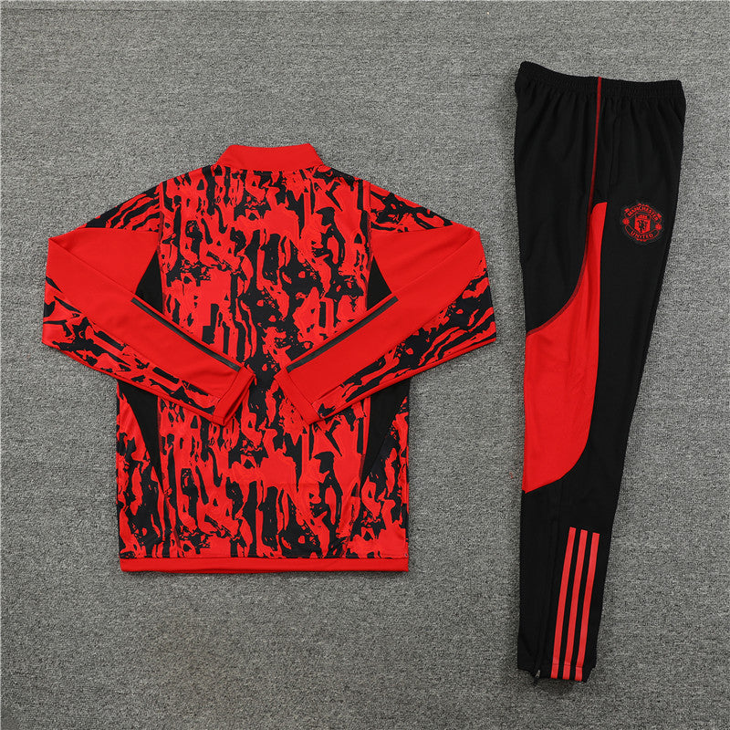 Kit de Treino Manchester United Estilo Camuflado 2023/24 Meio Zíper Vermelho e Preto