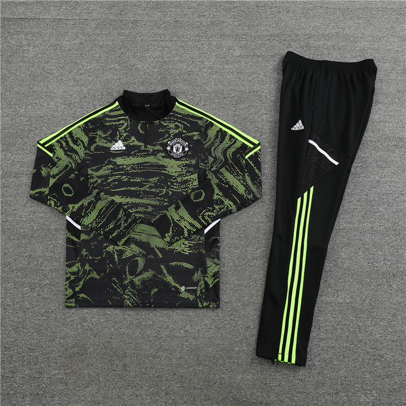 Kit de Treino Manchester United Estilo Camuflado 2022/23 Meio Zíper Verde e Preto