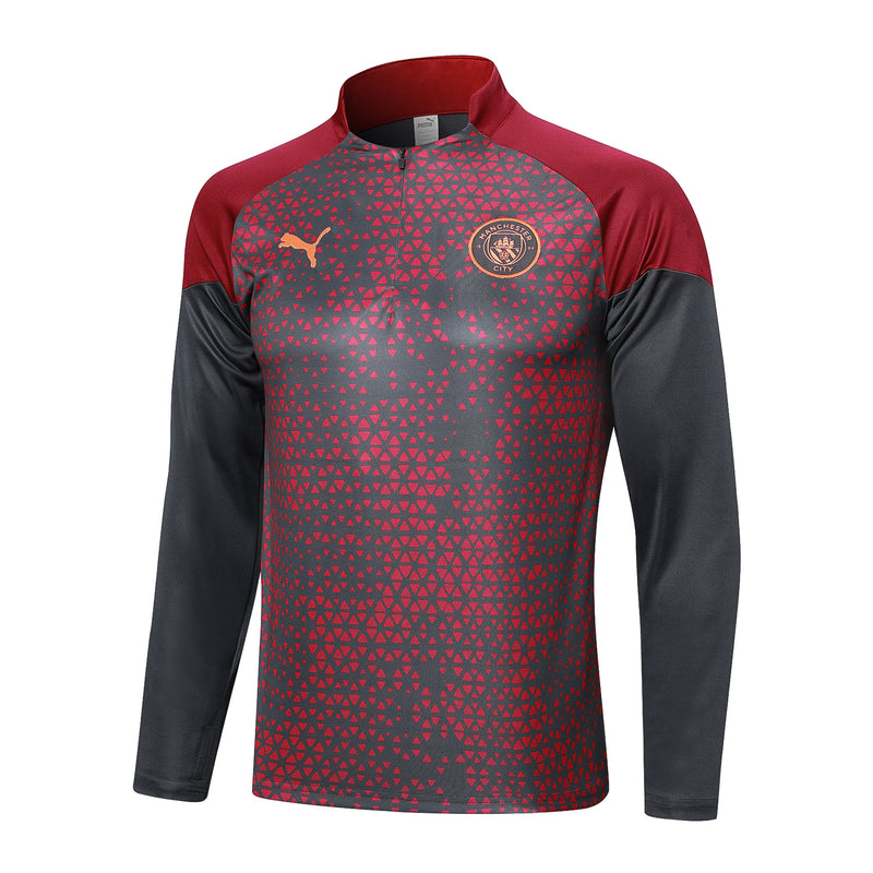 Kit de Treino Manchester City 2023/24 Meio Zíper Vermelho e Cinza