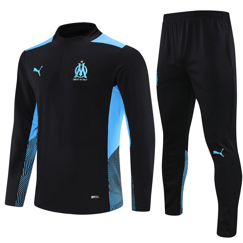 Kit de Treino Olympique de Marseille 2021/22 Meio Zíper Preto e Azul