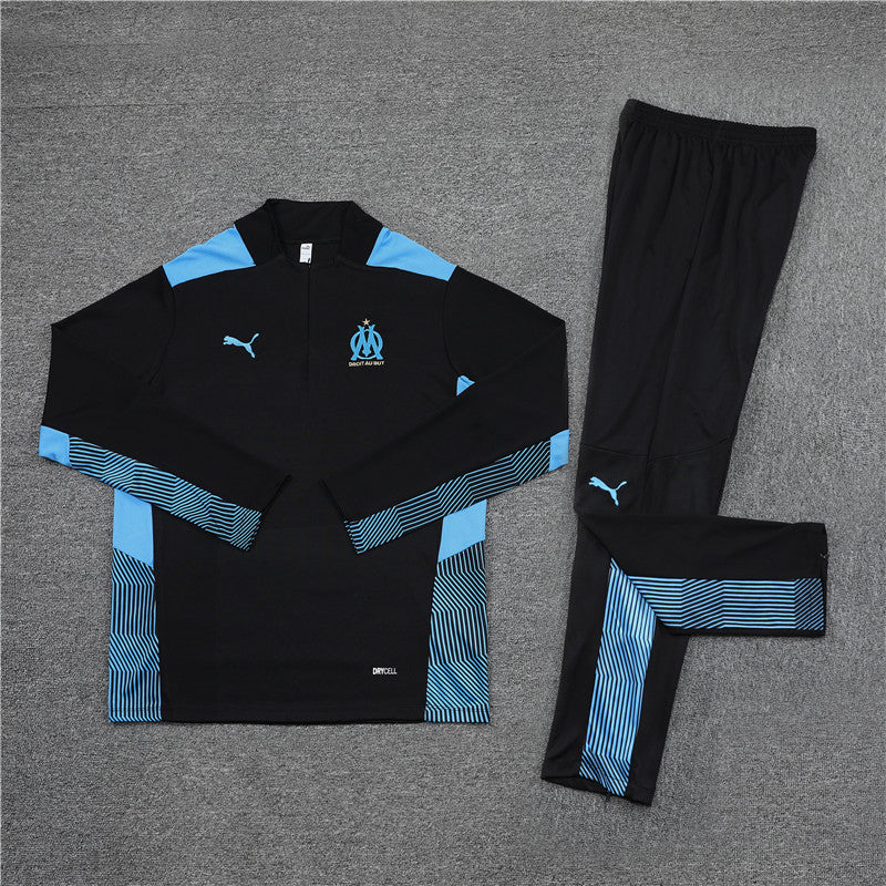 Kit de Treino Olympique de Marseille 2021/22 Meio Zíper Preto e Azul