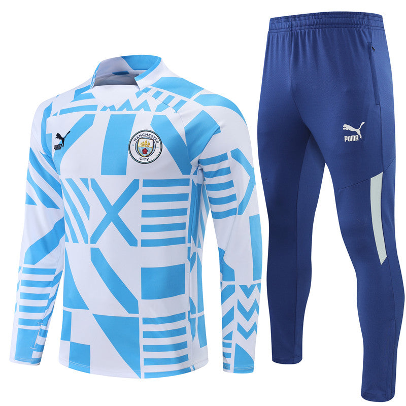 Kit de Treino Manchester City Estilo Camuflado 2022/23 Meio Zíper Azul e Branco