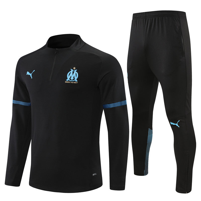 Kit de Treino Olympique de Marseille 2021/22 Meio Zíper Preto e Azul