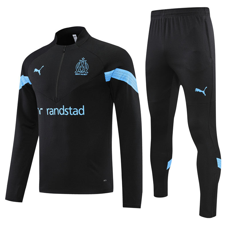 Kit de Treino Olympique de Marseille 2022/23 Meio Zíper Preto e Azul