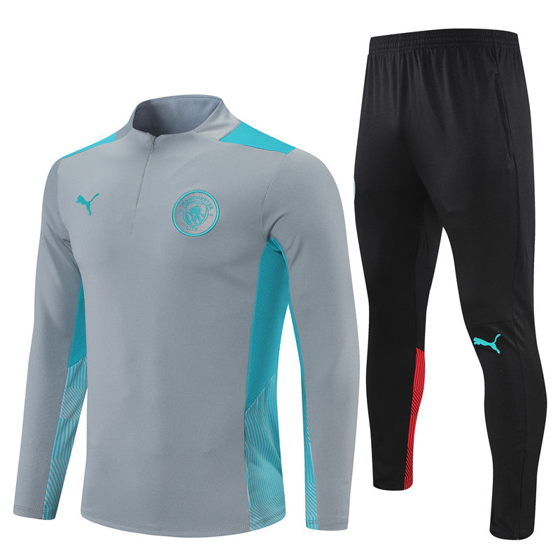 Kit de Treino Manchester City 2021/22 Meio Zíper Cinza e Azul