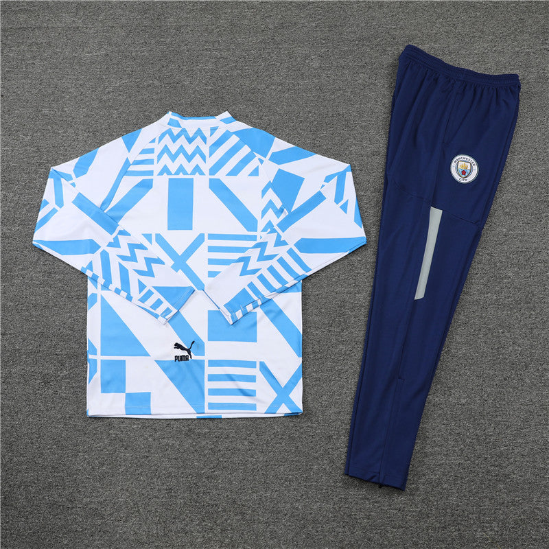 Kit de Treino Manchester City Estilo Camuflado 2022/23 Meio Zíper Azul e Branco