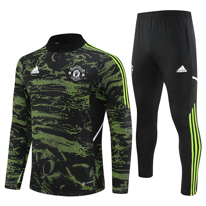 Kit de Treino Manchester United Estilo Camuflado 2022/23 Meio Zíper Verde e Preto