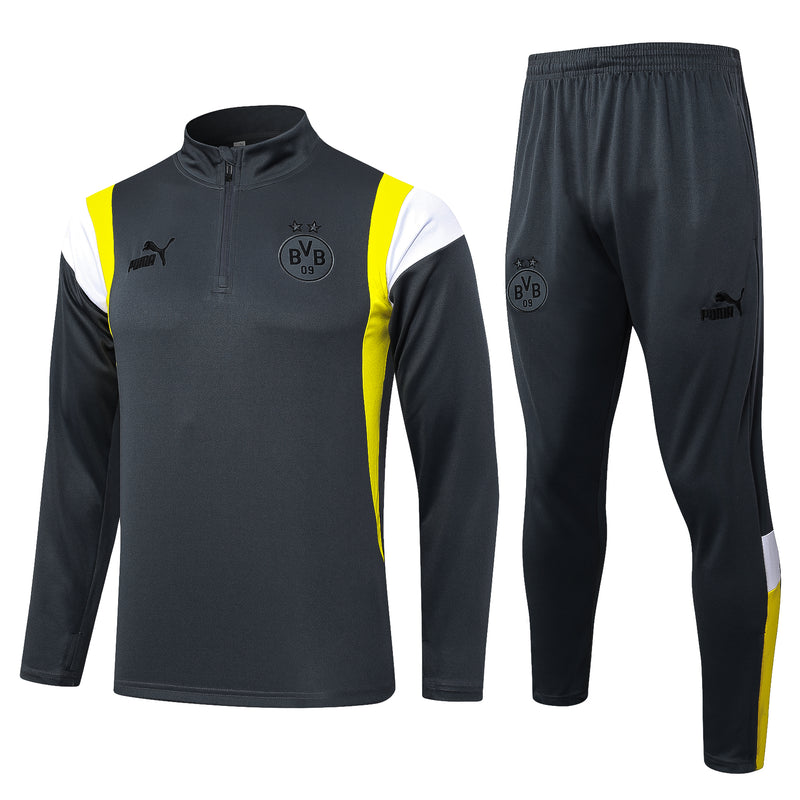 Kit de Treino Borussia Dortmund 2023/24 Meio Zíper Cinza e Amarelo