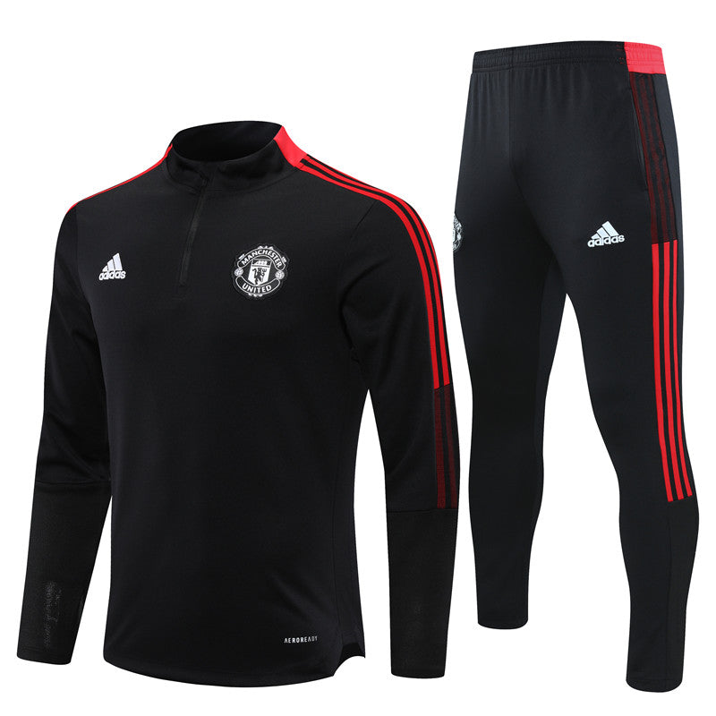 Kit de Treino Manchester United 2021/22 Meio Zíper Preto e Vermelho