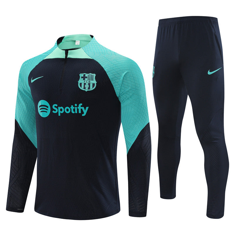 Kit de Treino Barcelona 2023/24 Meio Zíper Preto e Ciano