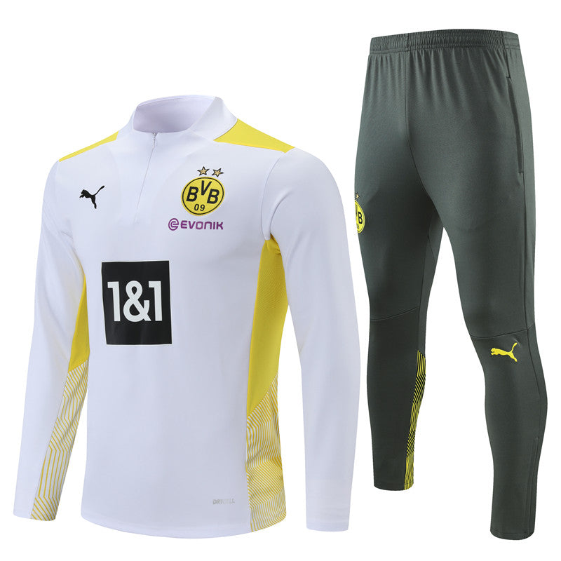 Kit de Treino Borussia Dortmund 2021/22 Meio Zíper Branco e Amarelo