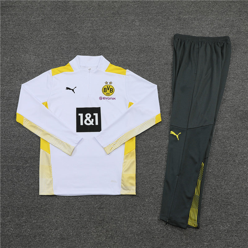 Kit de Treino Borussia Dortmund 2021/22 Meio Zíper Branco e Amarelo