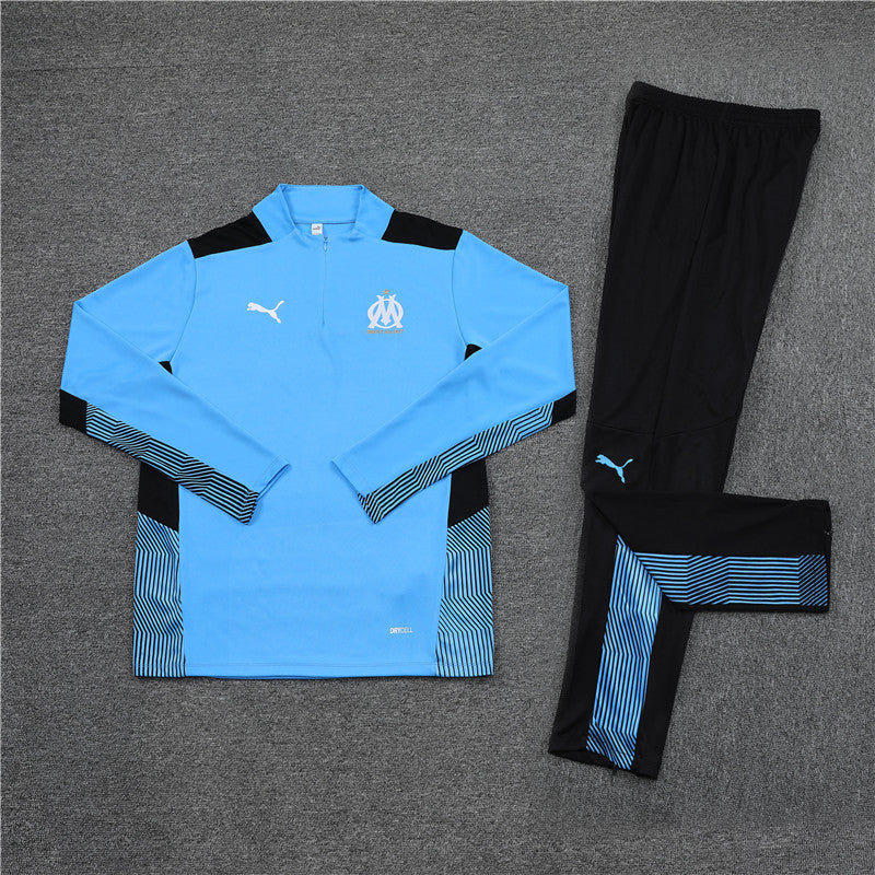 Kit de Treino Olympique de Marseille 2021/22 Meio Zíper Azul e Preto