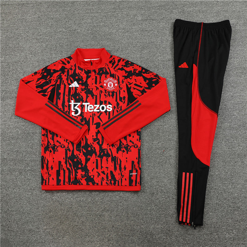 Kit de Treino Manchester United Estilo Camuflado 2023/24 Meio Zíper Vermelho e Preto