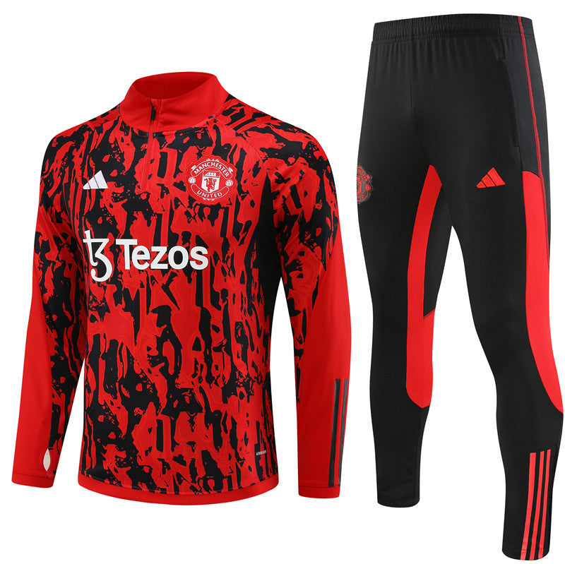 Kit de Treino Manchester United Estilo Camuflado 2023/24 Meio Zíper Vermelho e Preto