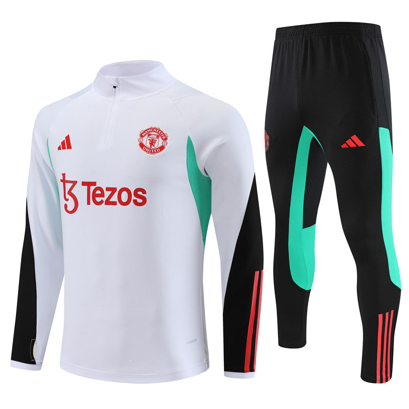 Kit de Treino Manchester United 2023/24 Meio Zíper Branco e Verde