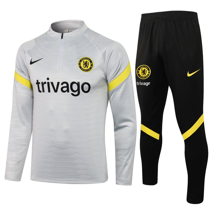 Kit de Treino Chelsea 2021/22 Meio Zíper Cinza Claro